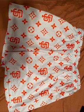 Men's White Athletic Shorts with Louis Vuitton Bright Orange Graphic Pattern